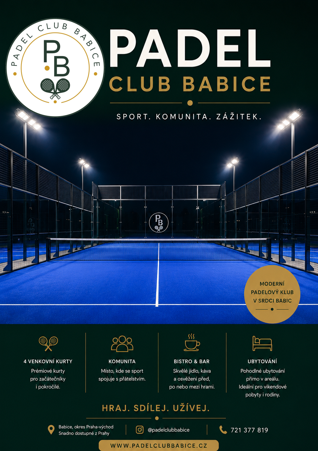 Padelové kurty Padel Club Babice v nočním osvětlení