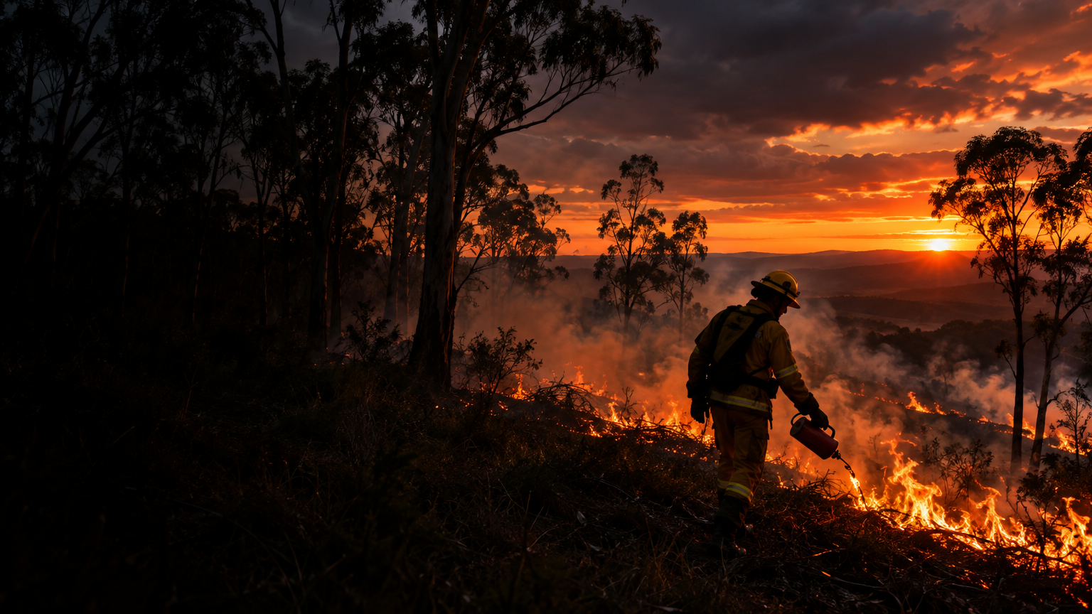 Firefighter lighting a prescribed burn in eucalyptus forest at dusk