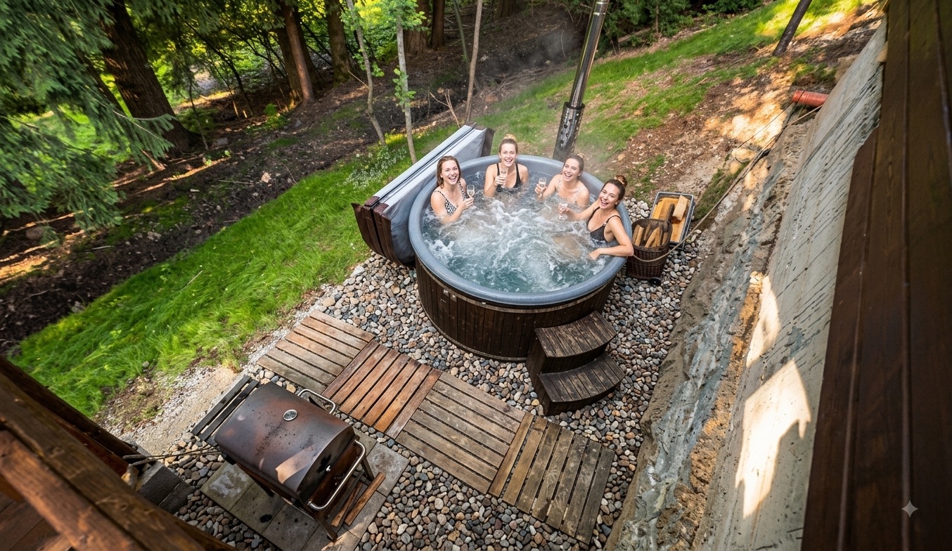 Štyri hostky v jacuzzi pri chate