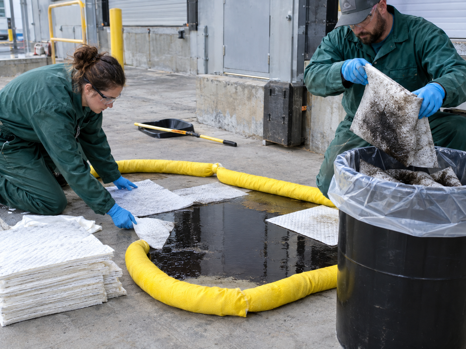 Environmental technicians containing and recovering an industrial spill with absorbent pads and booms