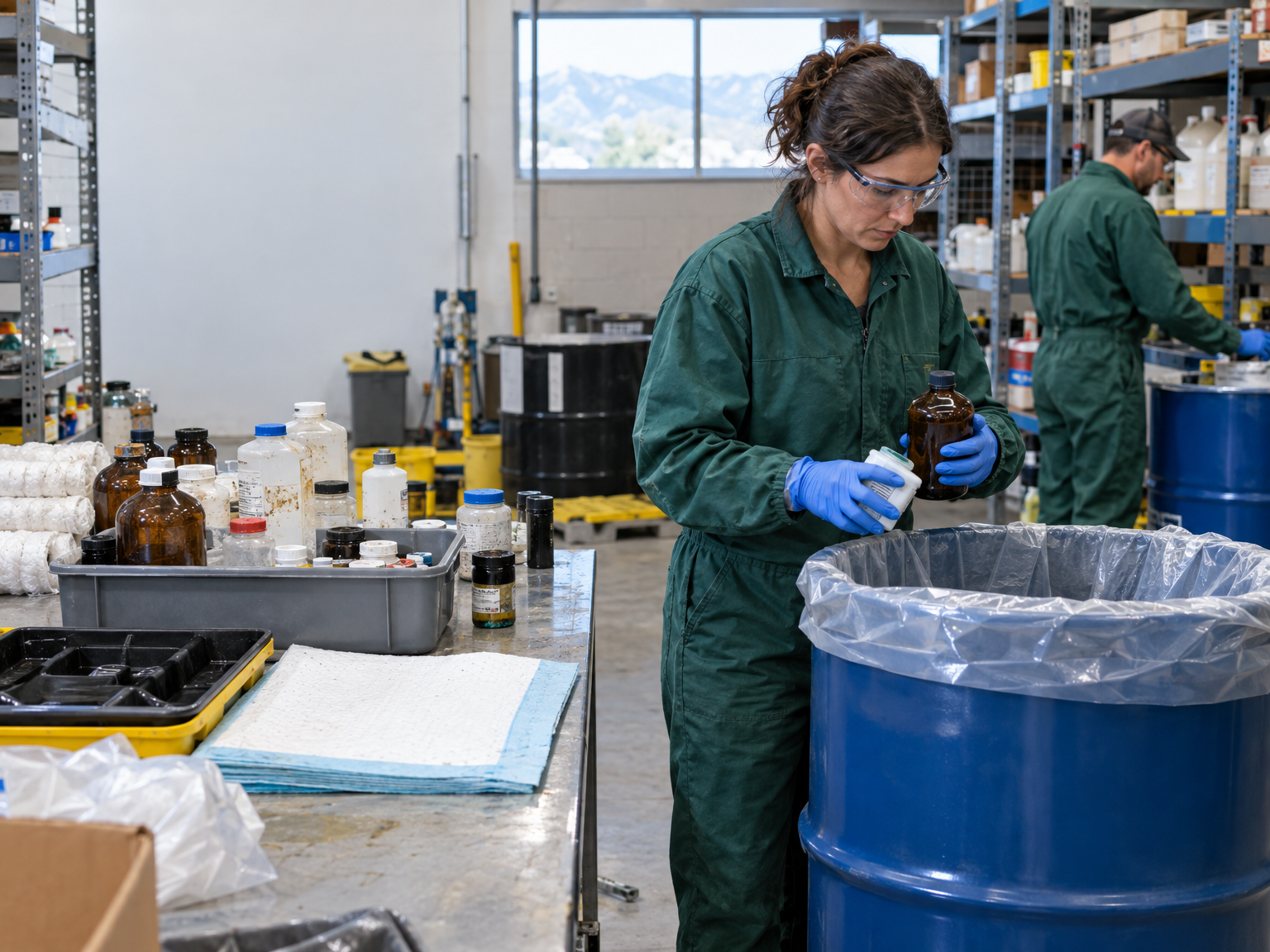 Environmental technician sorting chemical containers into a lined drum during a lab-pack waste cleanup