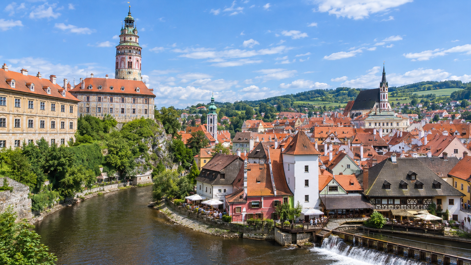 Castillo de Český Krumlov con su torre polychrome sobre el río Vltava