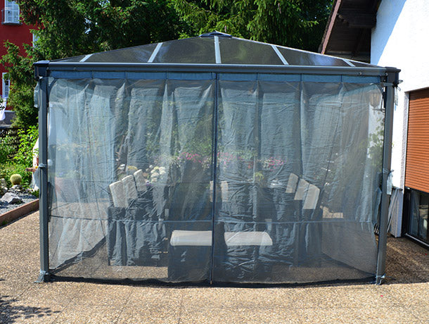 Aluminium gazebo with mosquito net curtains closed