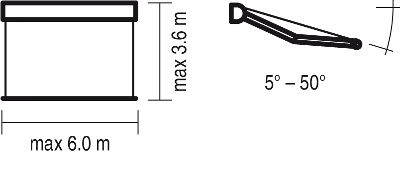 Box cassette awning size diagram showing a maximum width of 6.0m, maximum projection of 3.6m and tilt angles from 5 to 50 degrees