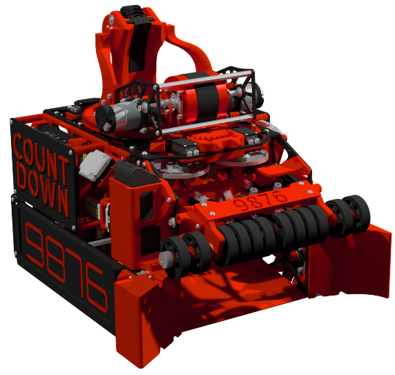 CAD render of robot Slipstream, a red and black FTC robot with a lifting arm