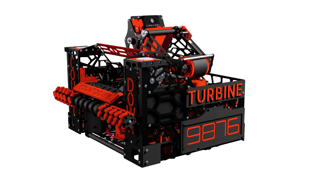 CAD render of robot Turbine, a black and red FTC robot with 9876 on its side panel
