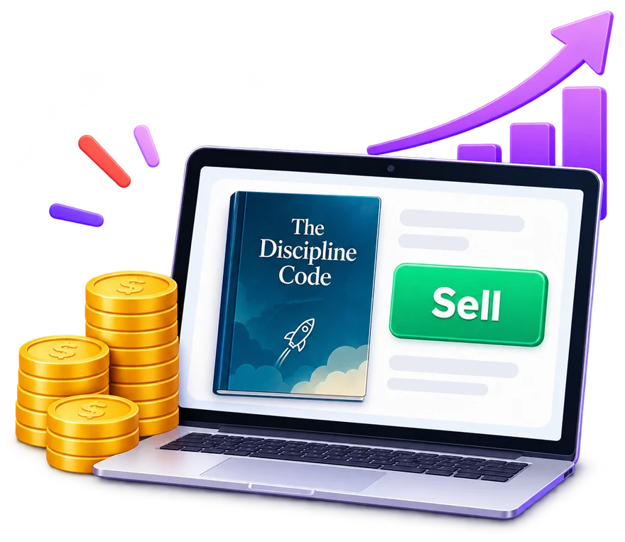 A laptop showing The Discipline Code ebook with a green Sell button, coins and a rising arrow