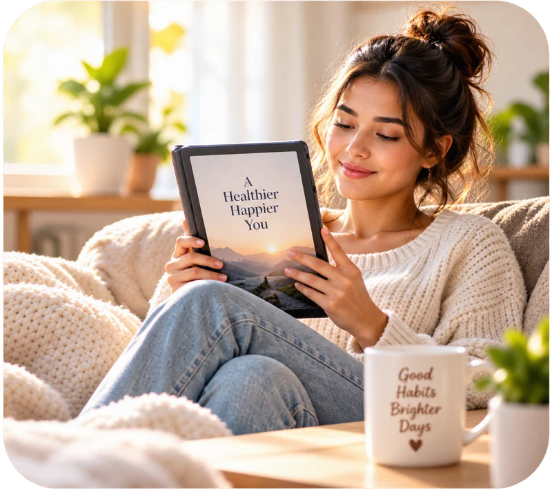 Woman enjoying a self-improvement ebook while relaxing at home.