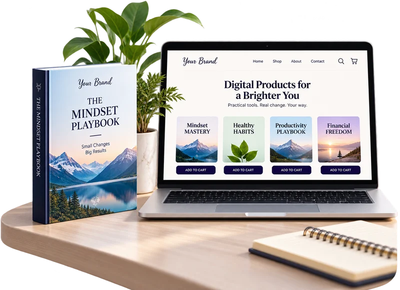 Branded ebook displayed beside a laptop showing a digital product storefront.