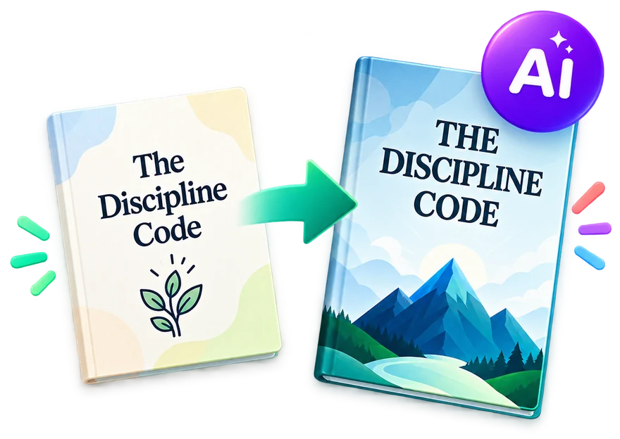 An original Discipline Code cover turned into a newly branded version with AI