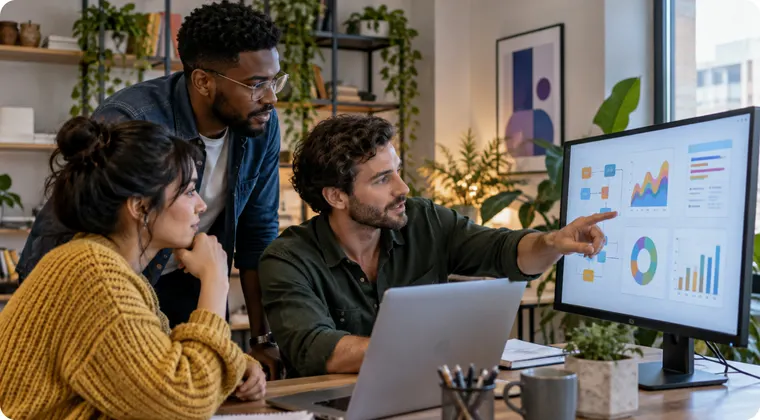 A small team of three reviews workflow dashboards together on a laptop and a large monitor.
