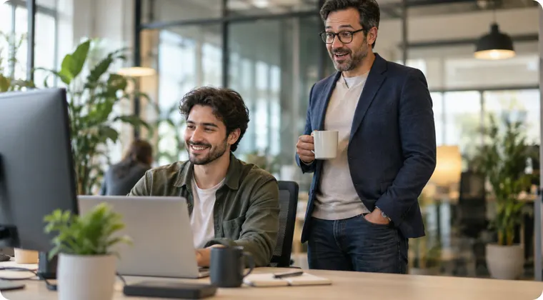 A new developer smiles at his desk on his first day while his manager, holding a coffee, looks on.