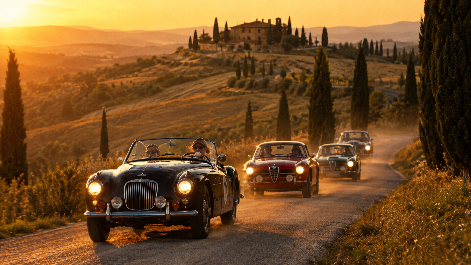 Convoglio di auto storiche su una strada di campagna al tramonto