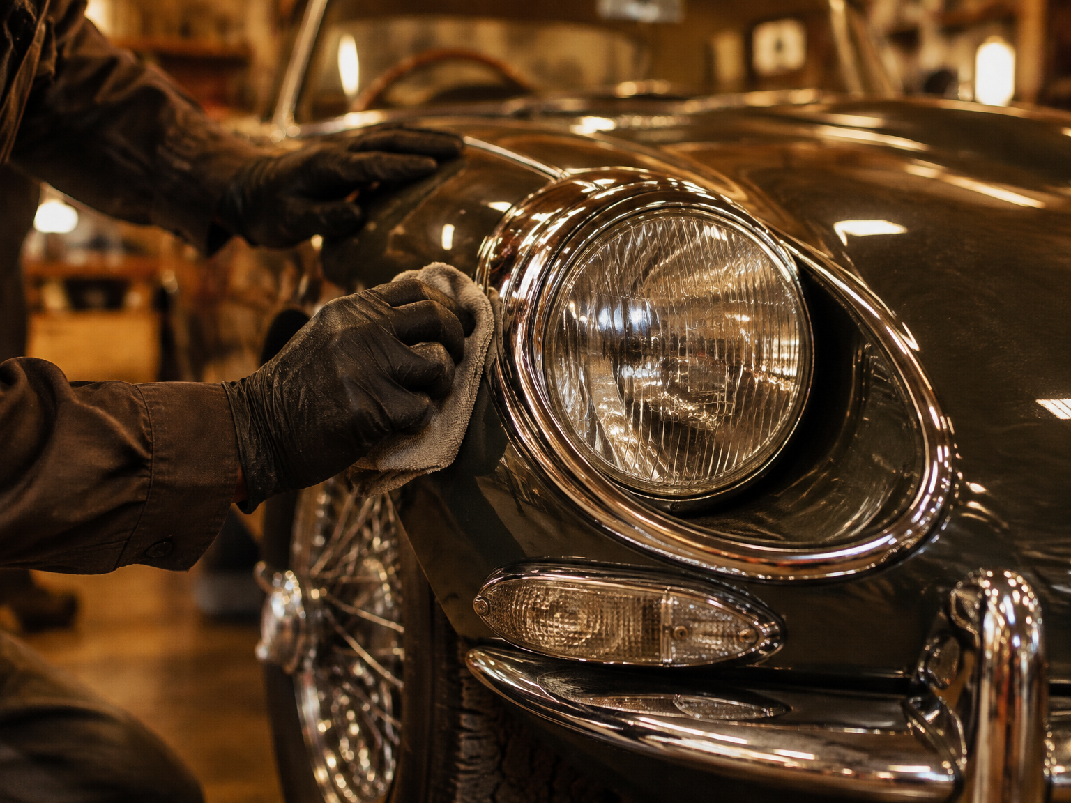 Dettaglio del restauro di un fanale cromato su un\u2019auto storica