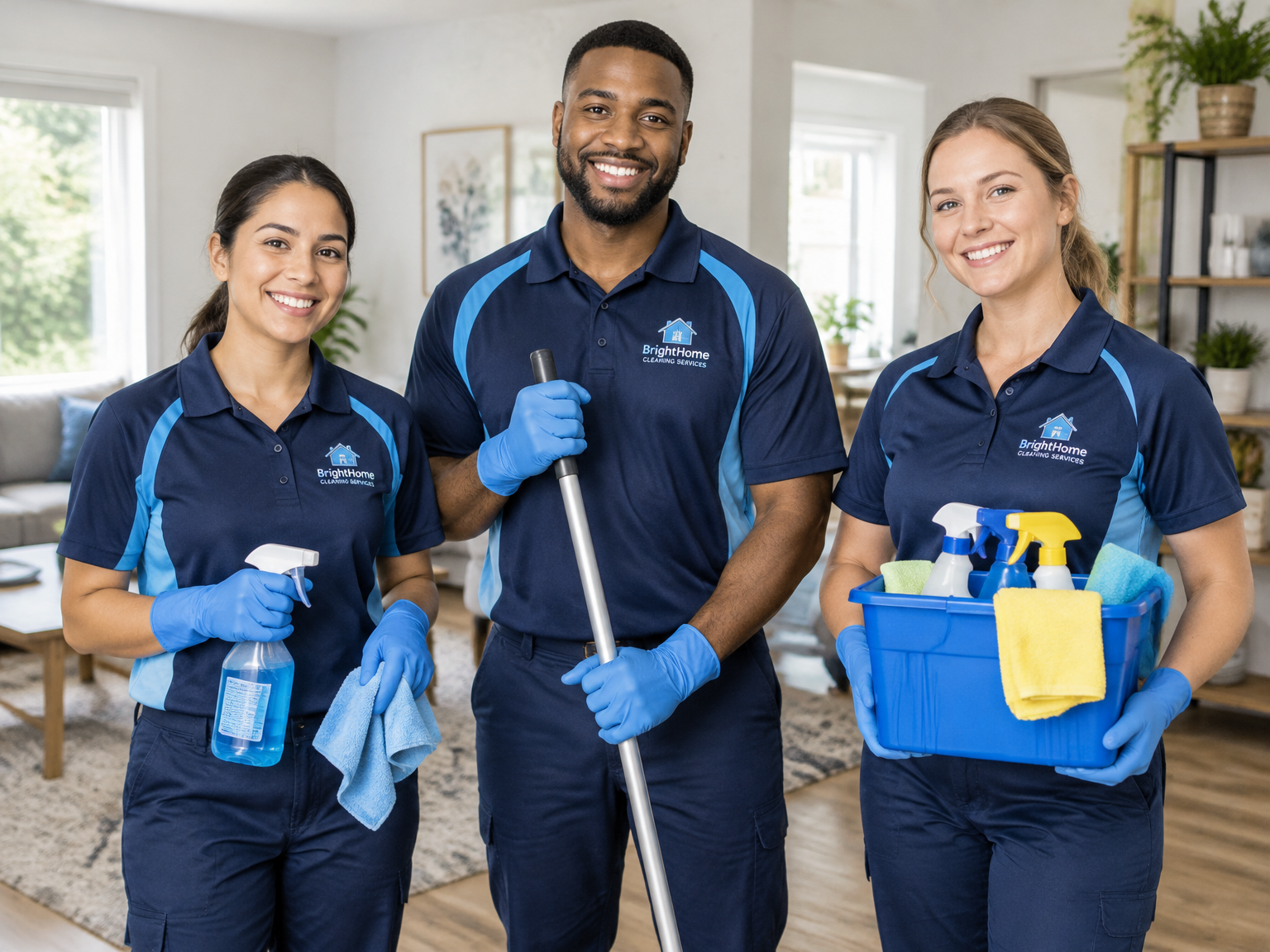 Equipo de limpieza profesional sonriente y uniformado, con el equipo a mano