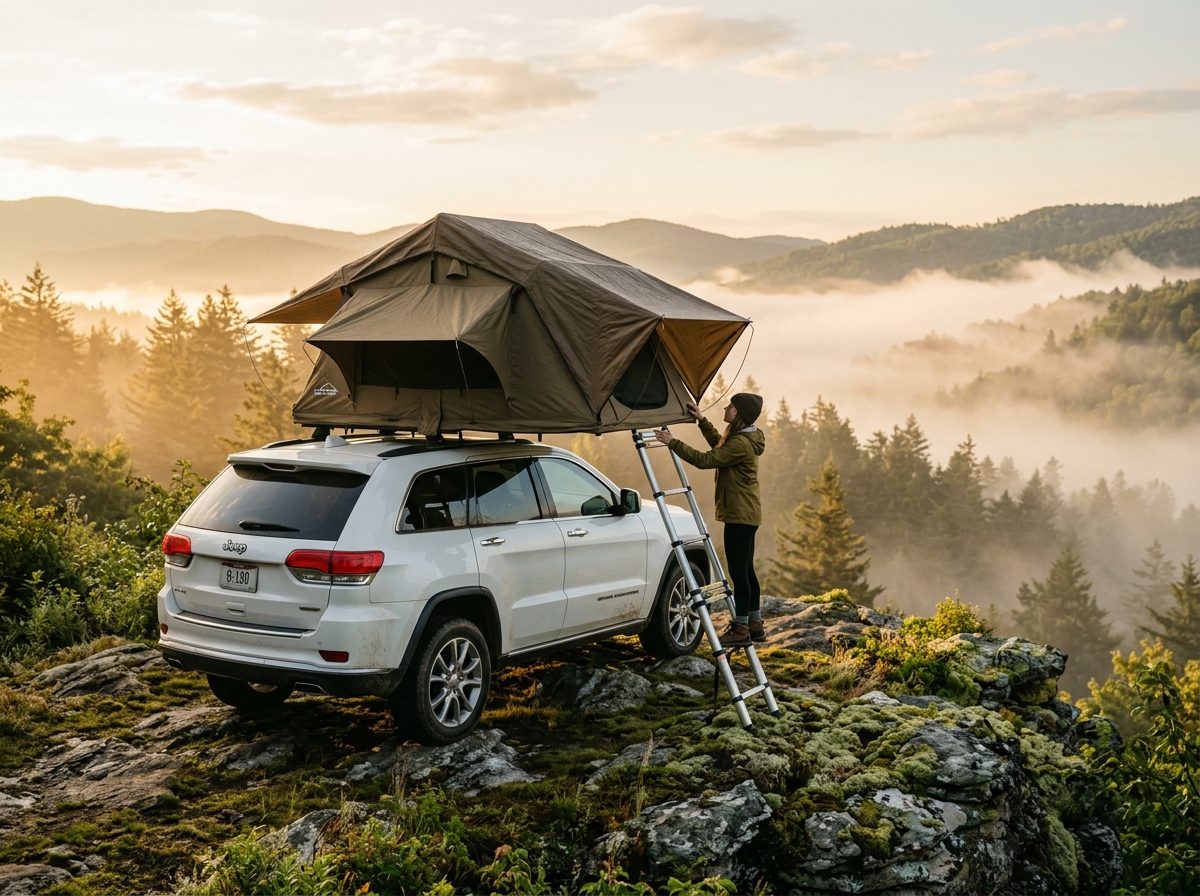 Bílý Jeep Grand Cherokee WK2 Summit s rozloženým hnědým stanem Wild Camp Ohio 180
