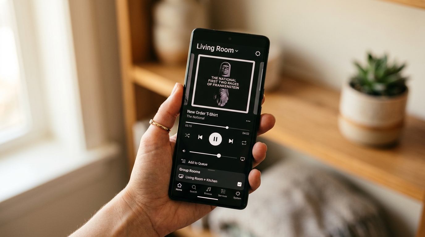 Hand holding smartphone displaying the Sonos app with room controls and now-playing screen