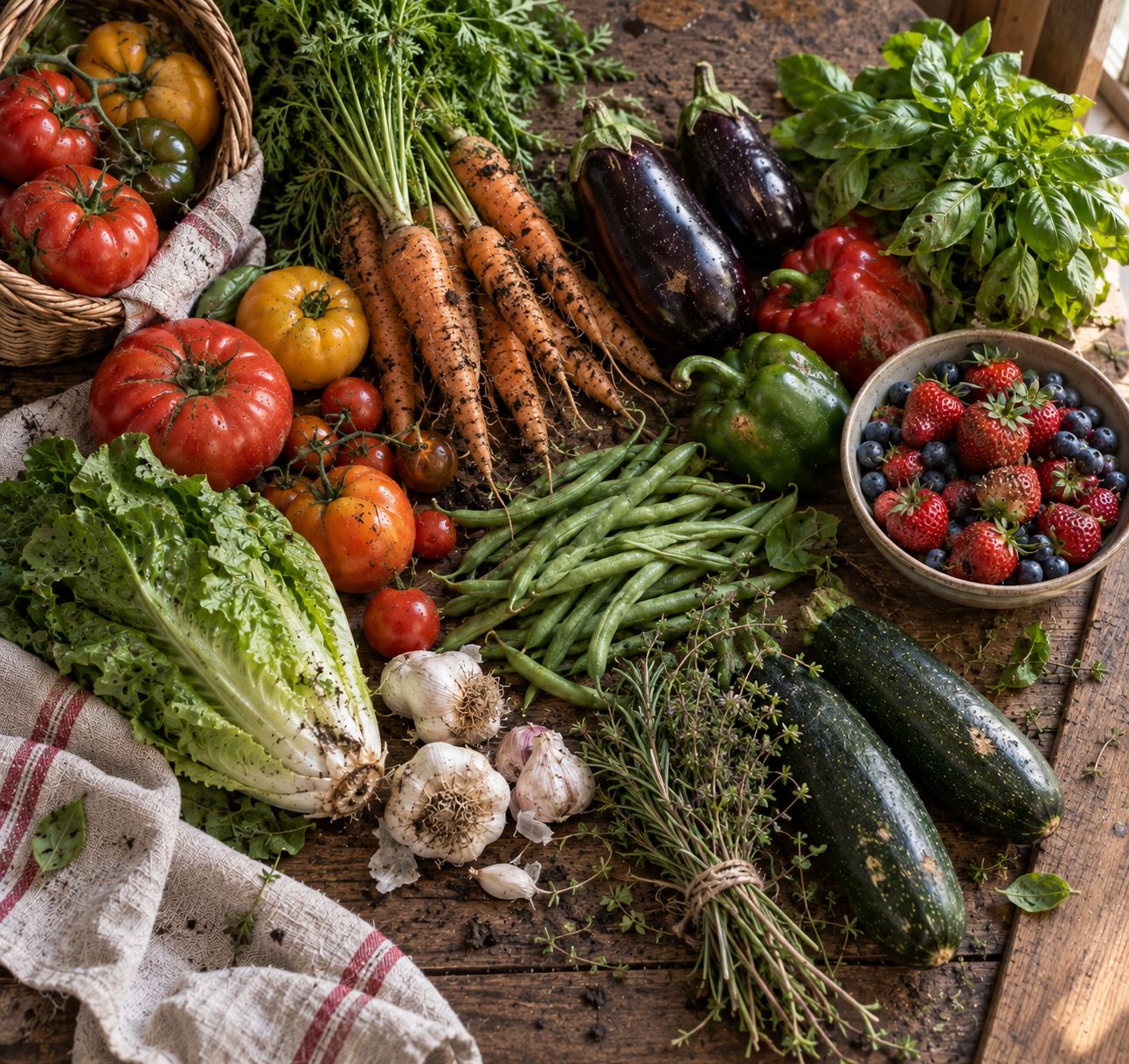 A harvest of fresh tomatoes, carrots, lettuce, berries, and herbs on a wooden table