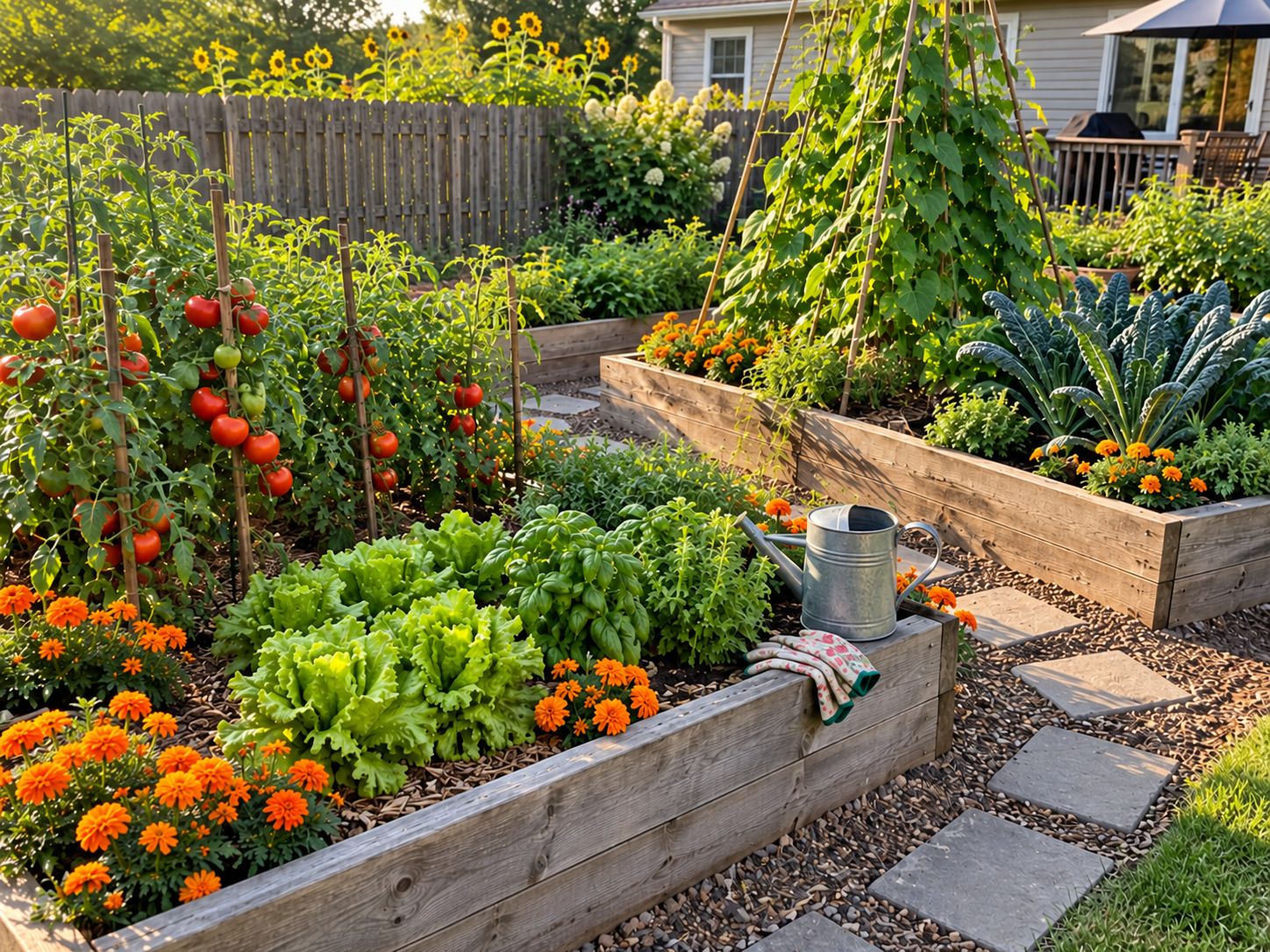 Raised garden beds full of tomatoes, lettuce, and herbs in a sunny backyard
