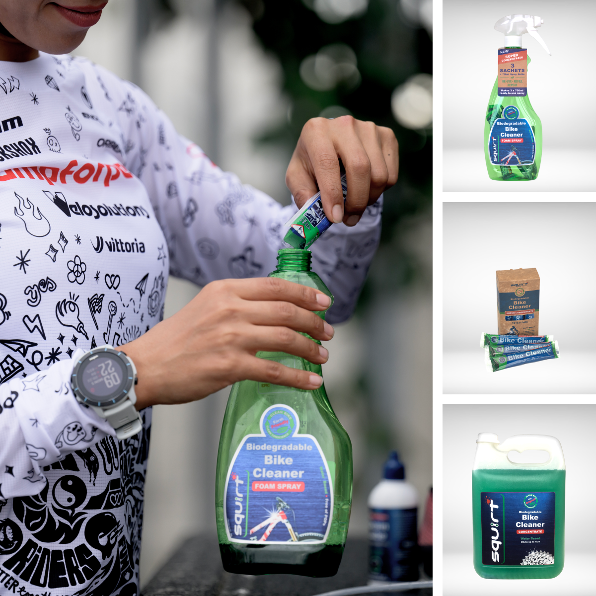 Sprayflaske med Squirt Bike Cleaner i et mørkt værksted