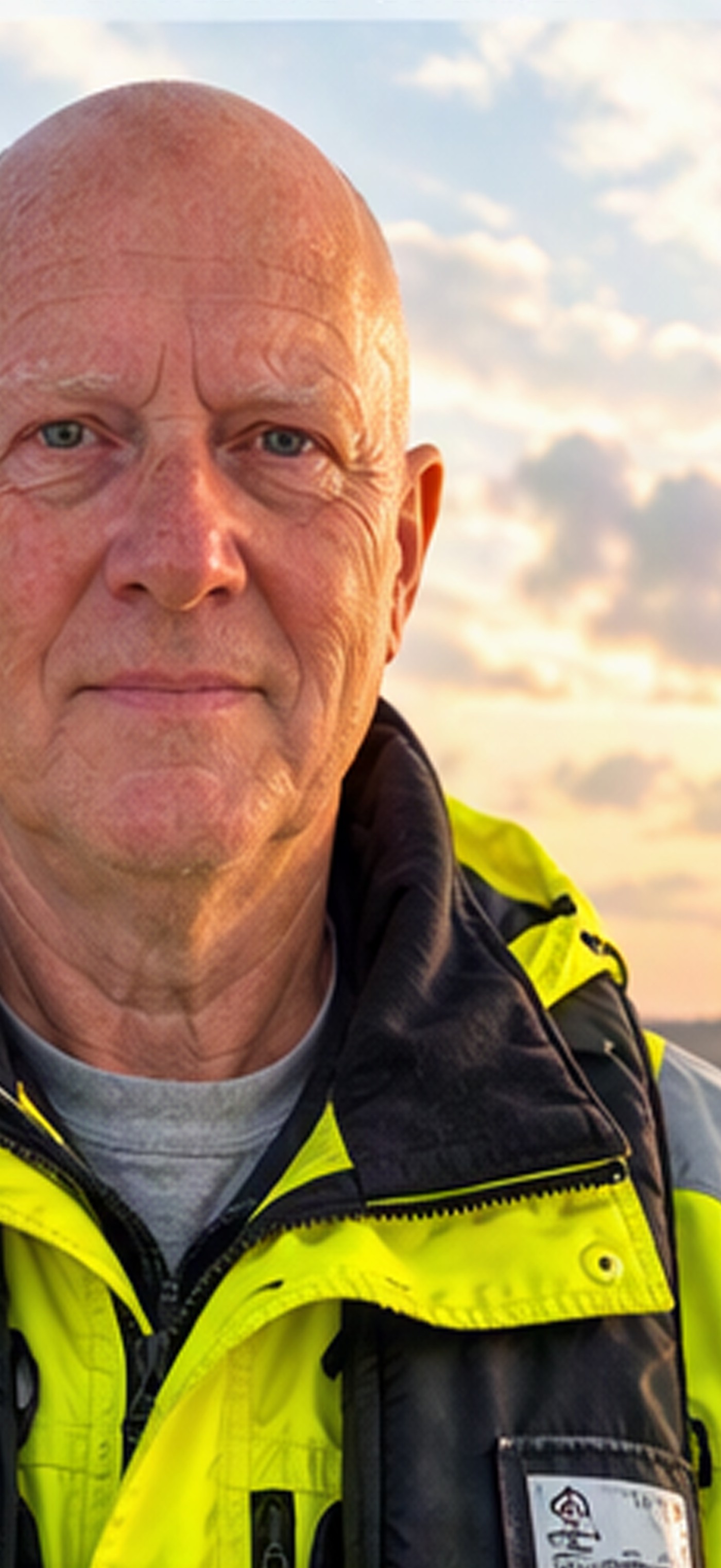 Frivillig redder i gul redningsjakke spejder ud over havet ved solnedgang