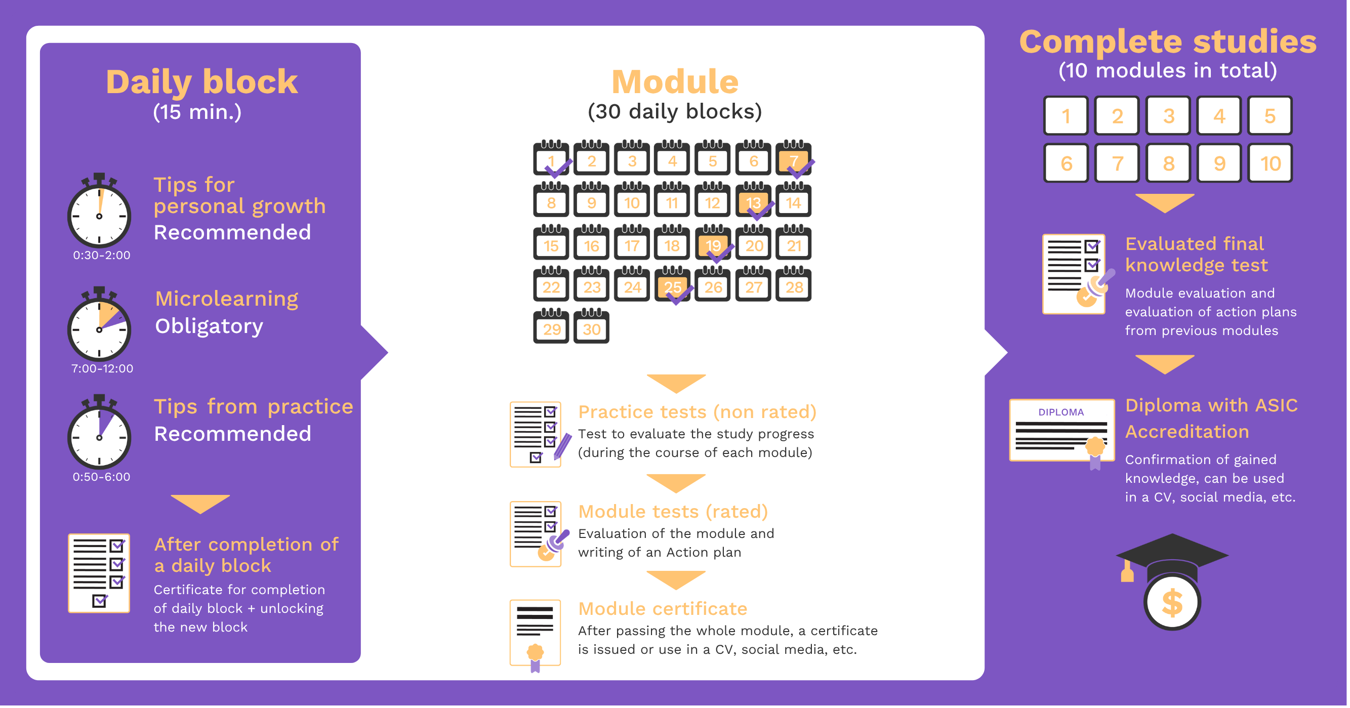 How the Effective MBA program works — daily blocks, modules, tests and diploma