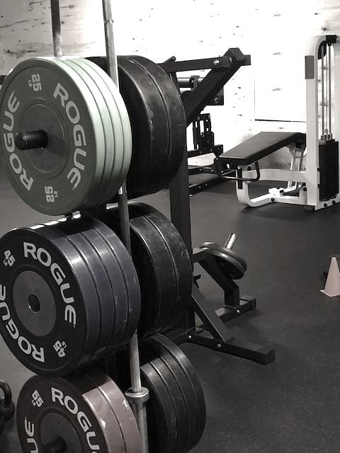 Rogue weight plates and bench ready for lifting at The Box