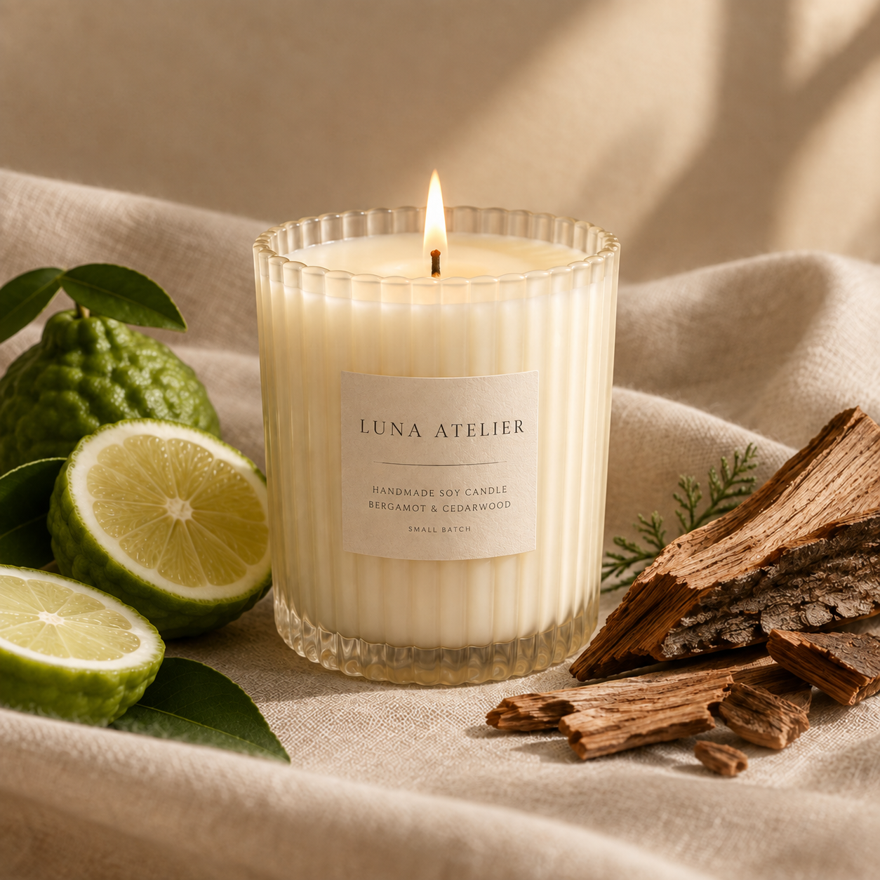 Vonná svíčka Bergamot & cedr v flutovaném skle