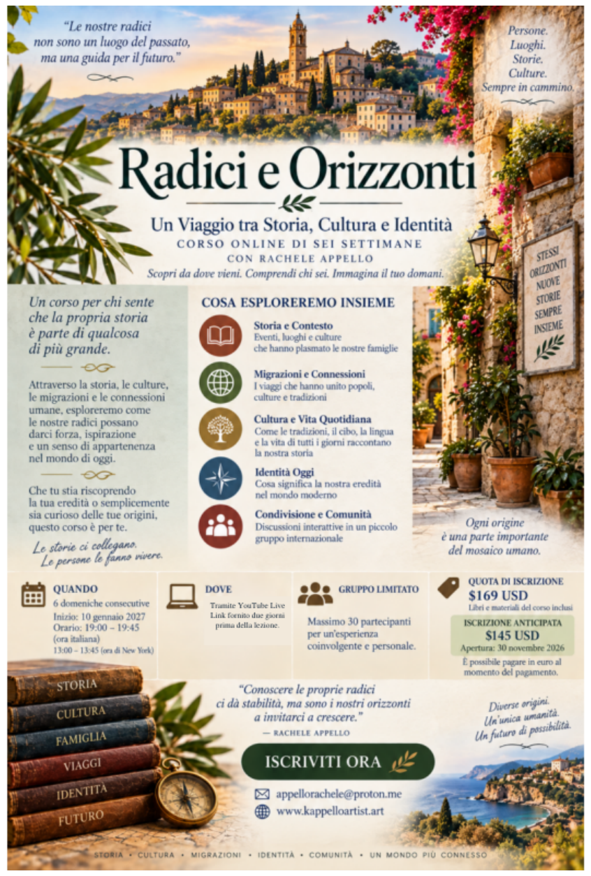 Radici e Orizzonti, corso online di sei settimane con Rachele Appello: storia, cultura, migrazioni, identità, comunità, in diretta su YouTube Live