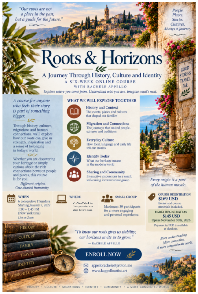 Roots and Horizons, a 6-week online course flyer with Rachele Appello: history, culture, migration, identity, community, live via YouTube Live