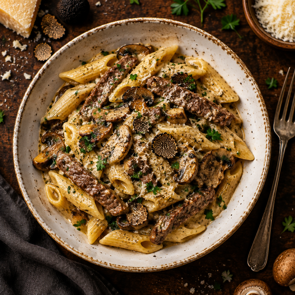 Penne al Tartufo med oksefilet, champignon og trøffel