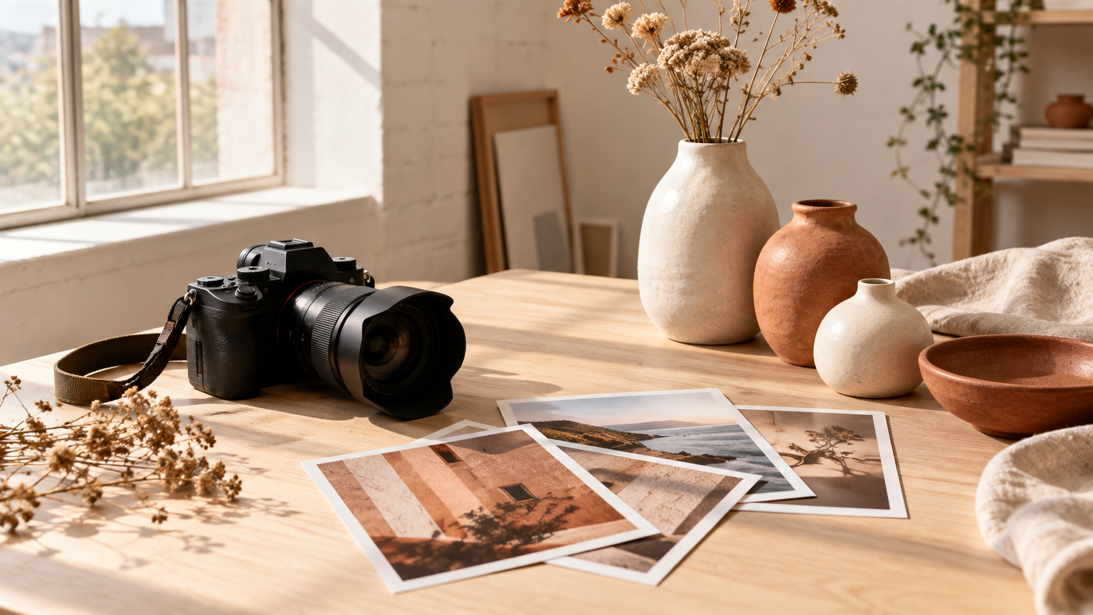 Kamera, print af fotografier og keramikvaser på træbord i et lyst fotostudie