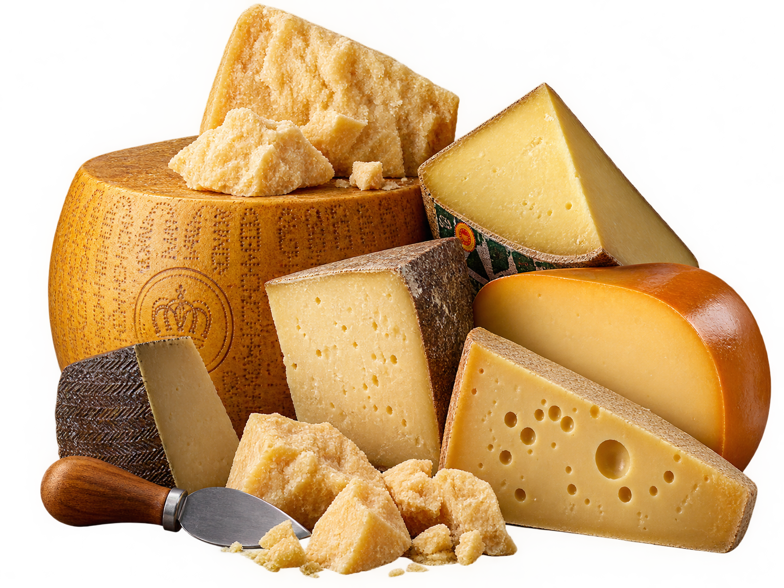 A generous pile of European hard cheeses: a Parmigiano Reggiano wheel with wedges of Comté, Manchego, aged Gouda and Gruyère