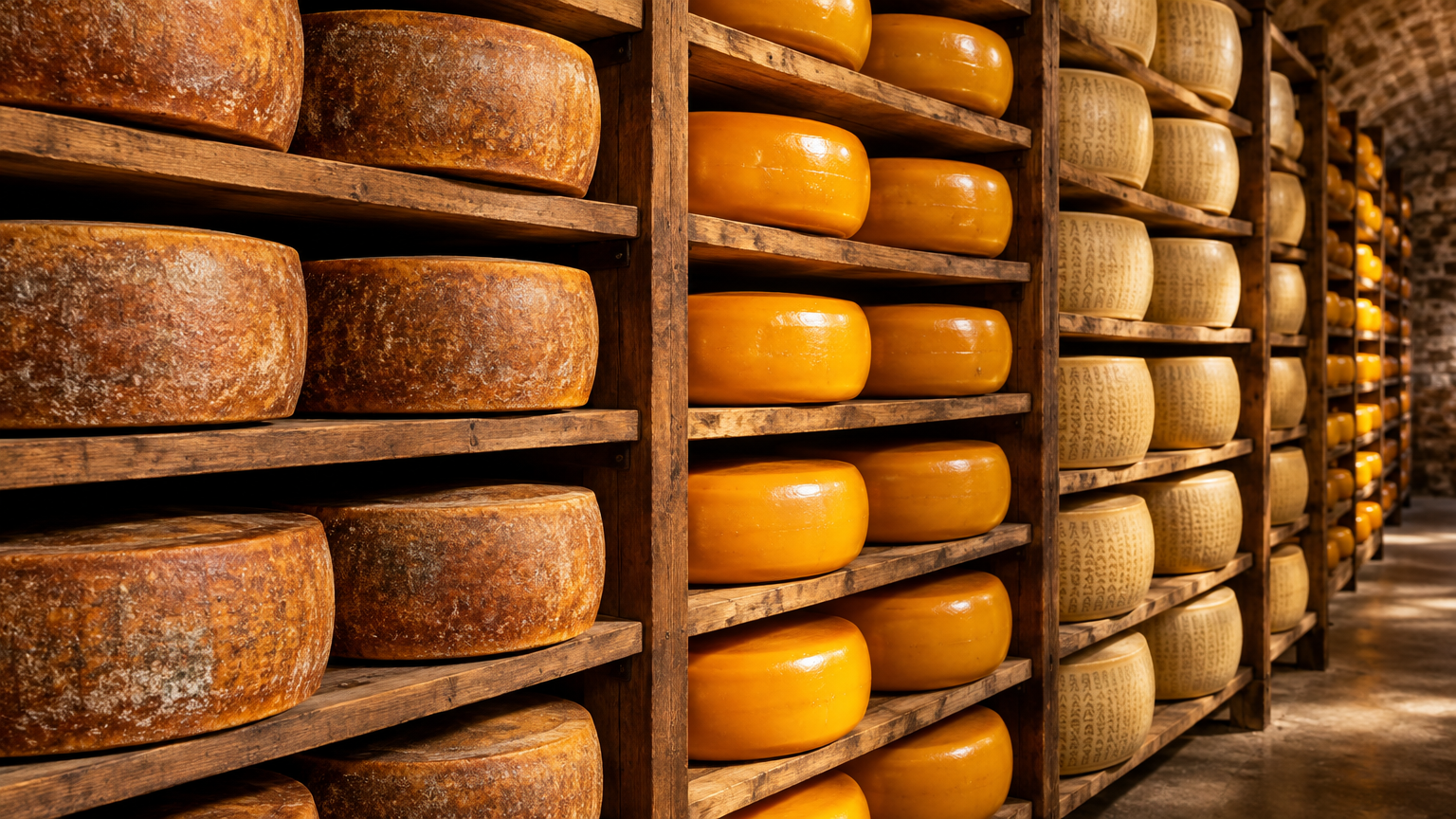 Rows of whole Comté, Gouda and Grana Padano wheels maturing on wooden shelves in the cheese vault