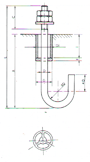 Disegno tecnico del tirafondo P3 a manico d'ombrello con canotto, con viste laterale e dall'alto e riferimenti dimensionali.