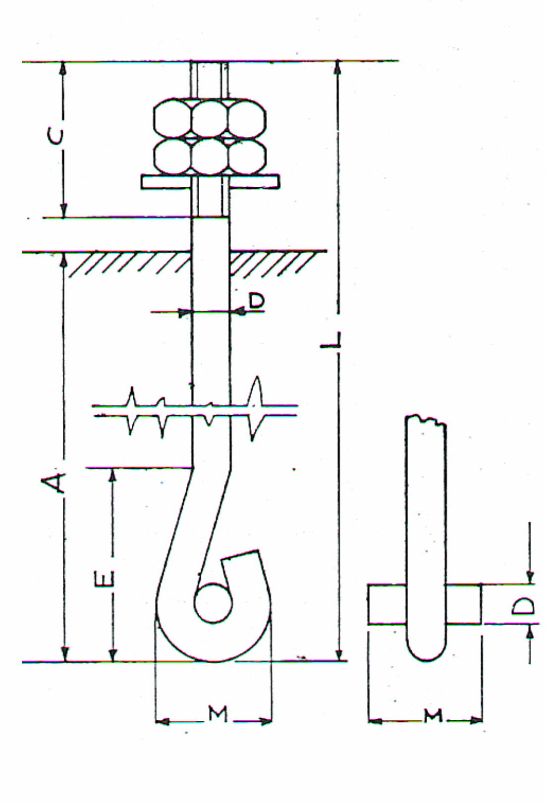Disegno tecnico dei bulloni di fondazione P1 con testa a mazzetta e traversa, con viste frontale e laterale e relative quote.