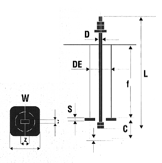 Disegno tecnico del bullone P5 a testa martello con canotto e piastra.