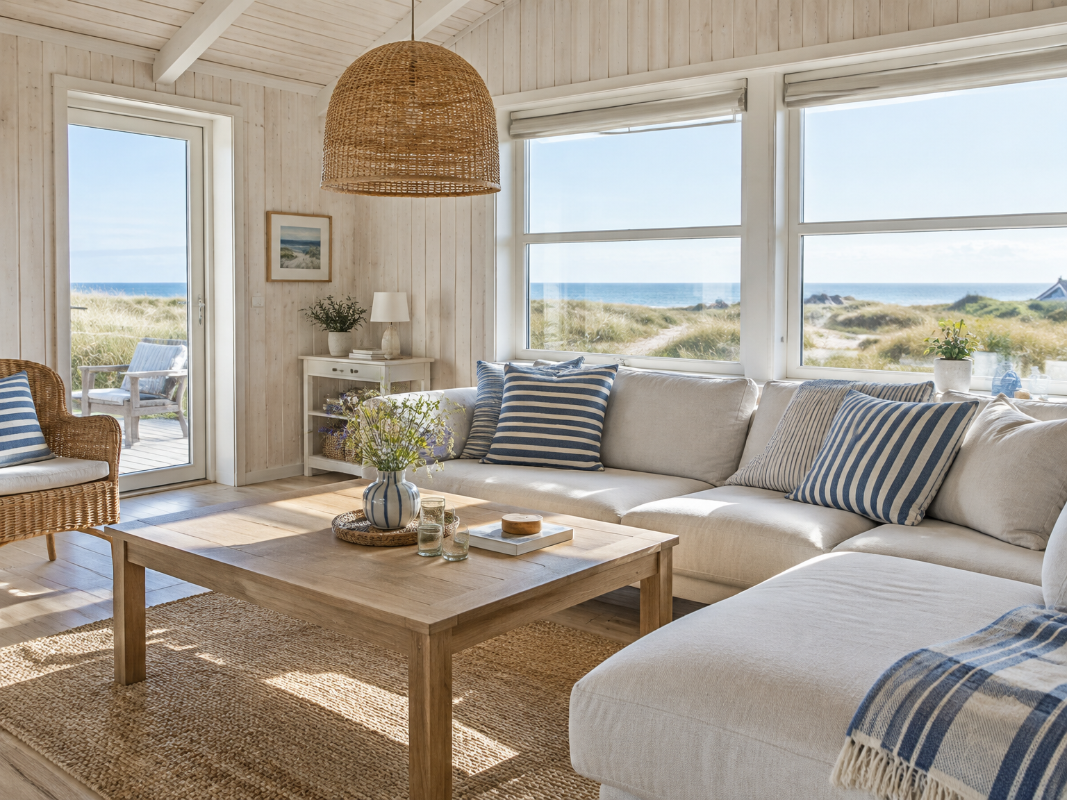 Lyst og rent sommerhus-stue med hvide trævægge og udsigt til klitterne