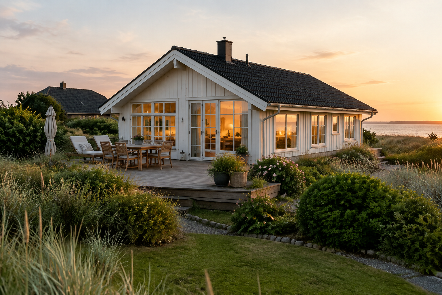 Hvidt dansk sommerhus med terrasse og havemøbler i aftenlys
