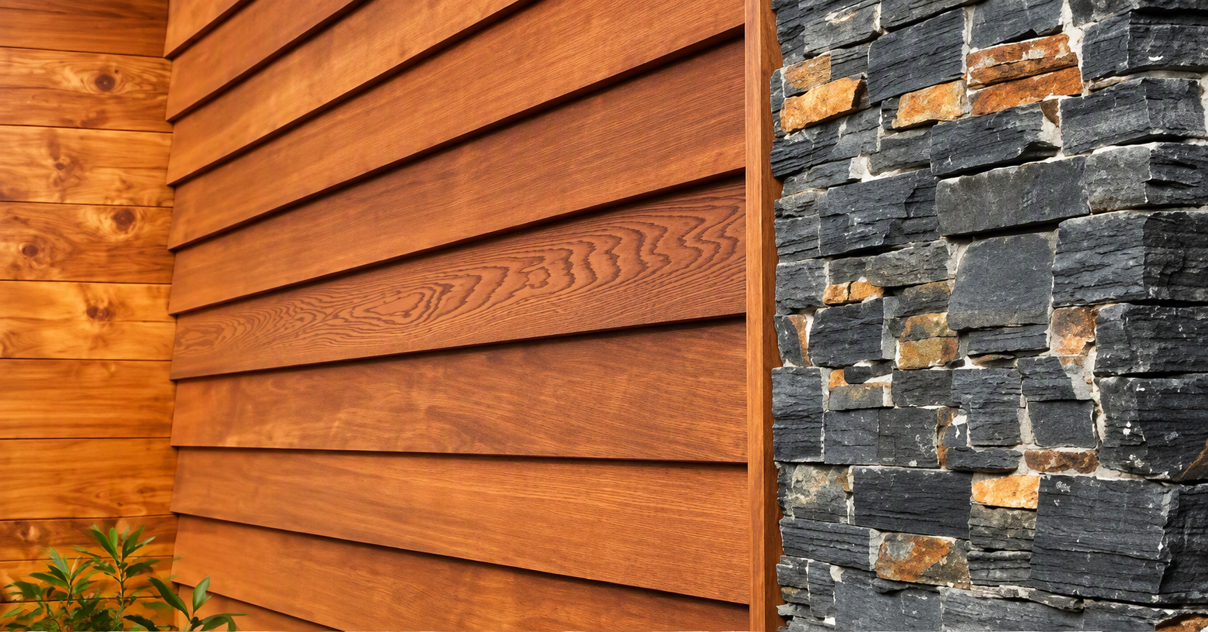 Freshly restained cedar boards beside a stone wall