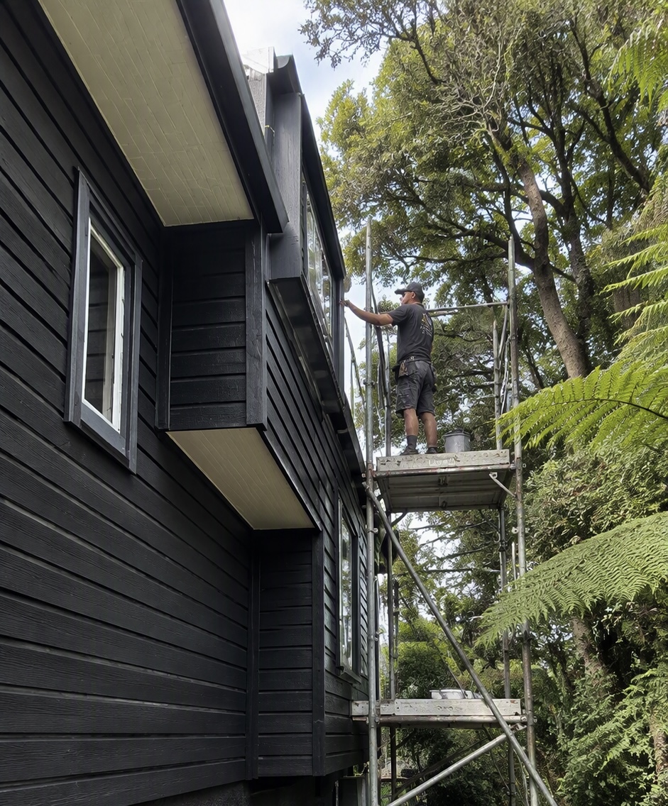 Applying fresh stain to dark cedar cladding from scaffolding among native bush