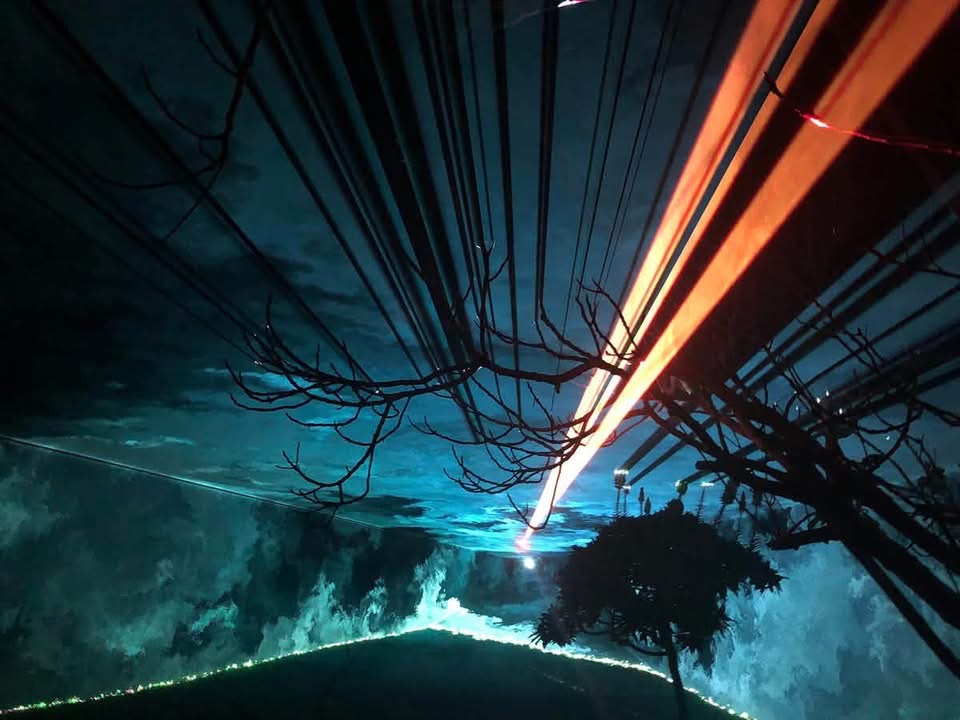 Blue and red laser beams cutting through a tree against a dark night sky