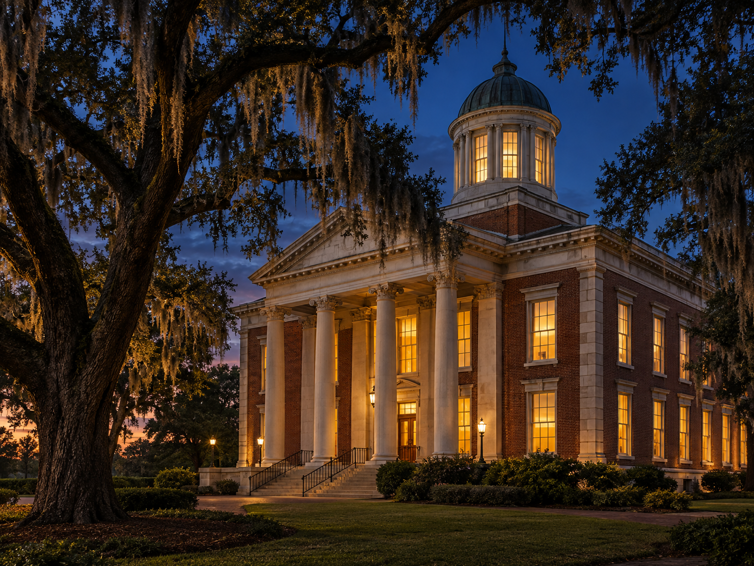 Classical brick courthouse with white columns at dusk beneath live oak trees