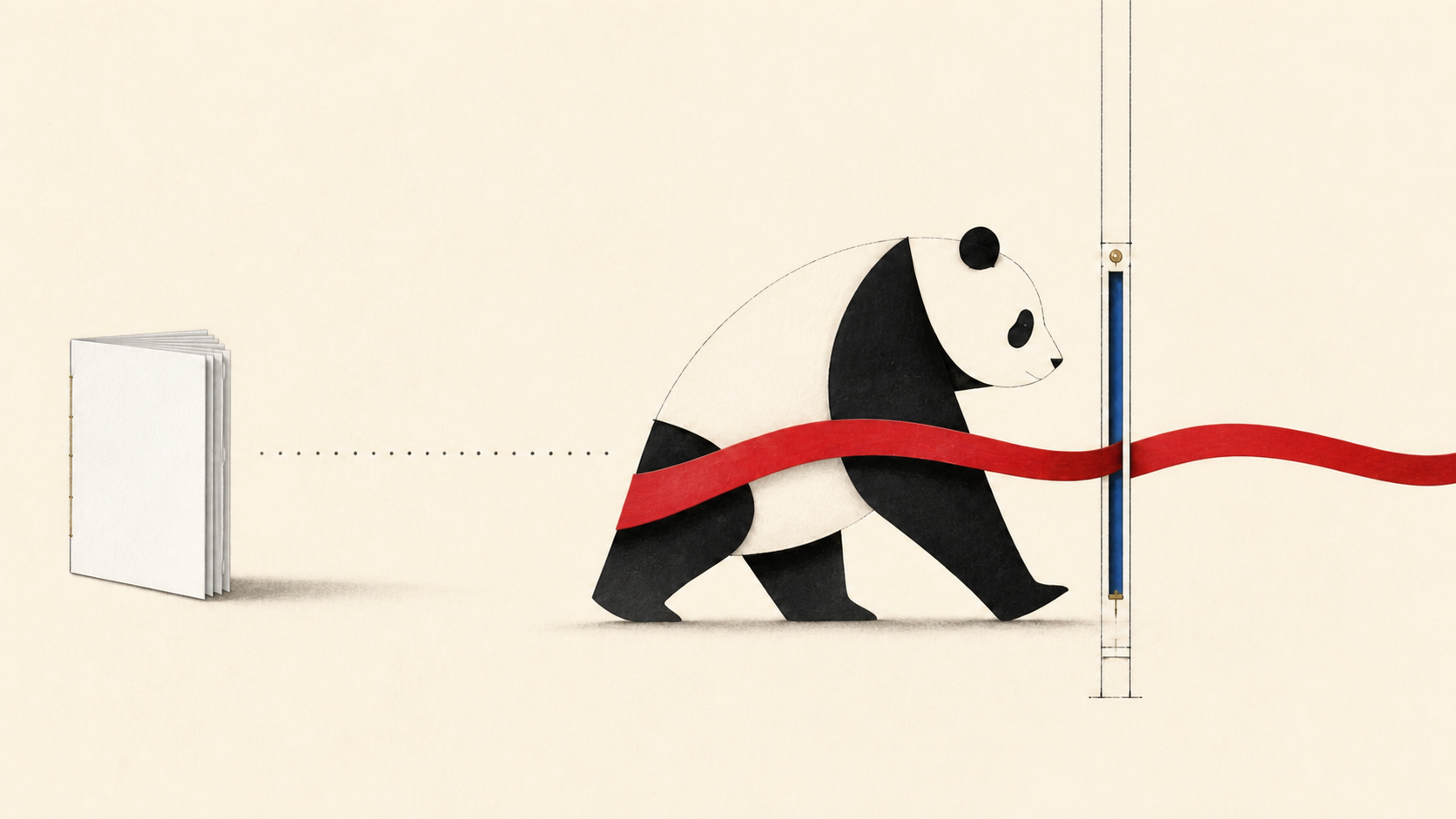 Illustration: a book, a dotted line and a panda breaking a red ribbon at a finish line.