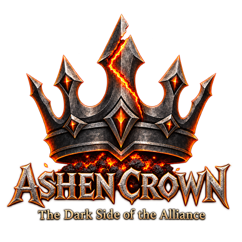 Logo guildy Ashen Crown, hořící koruna na štítu