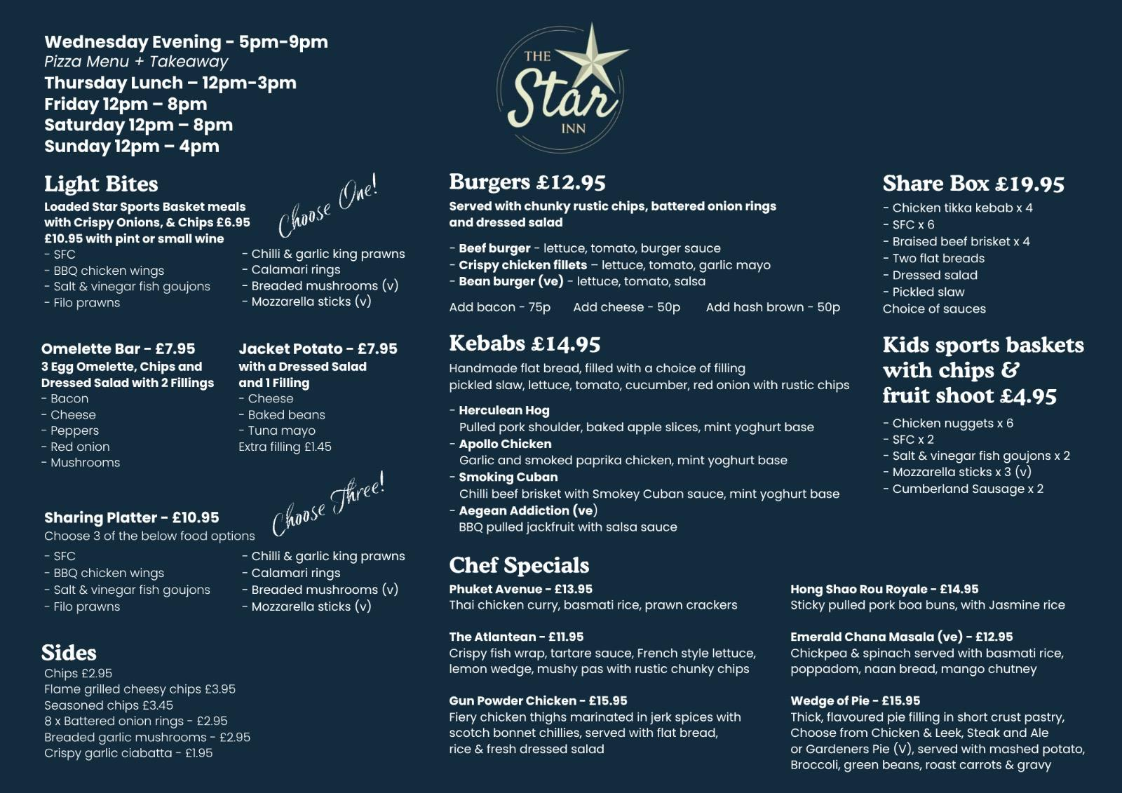 The Star Inn food menu, page 1: light bites, burgers, kebabs, chef specials and kids baskets