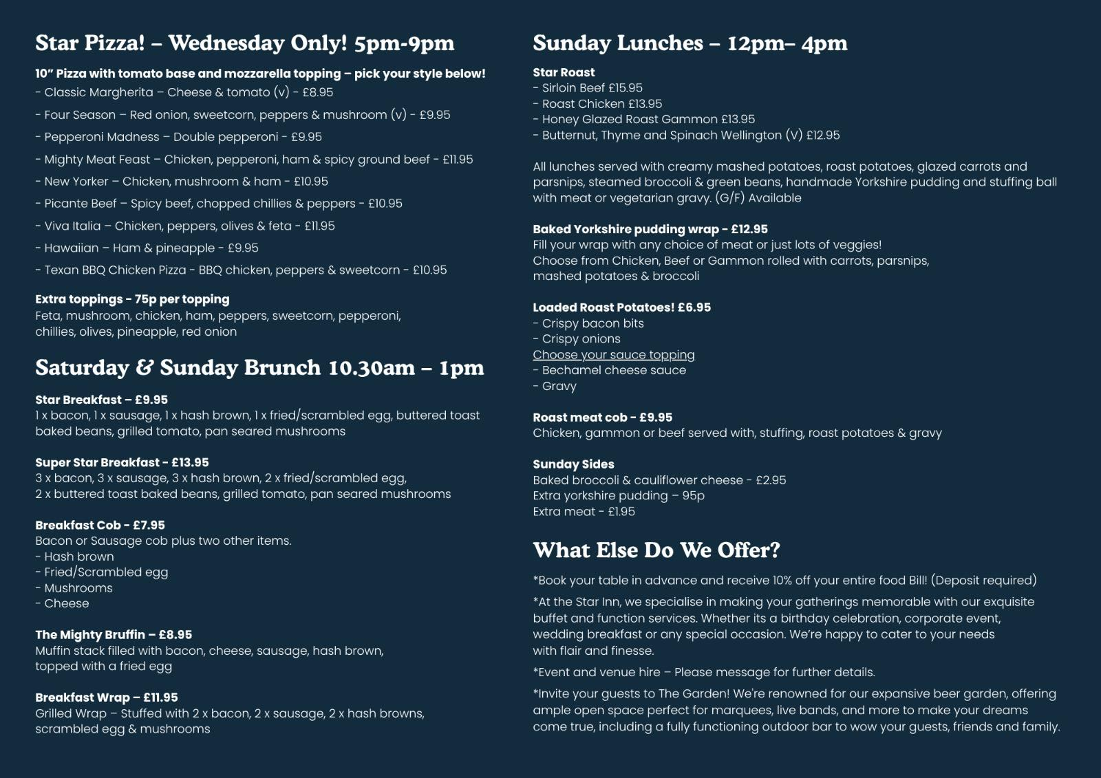 The Star Inn food menu, page 2: Star Pizza Wednesdays, brunch, Sunday lunches and more