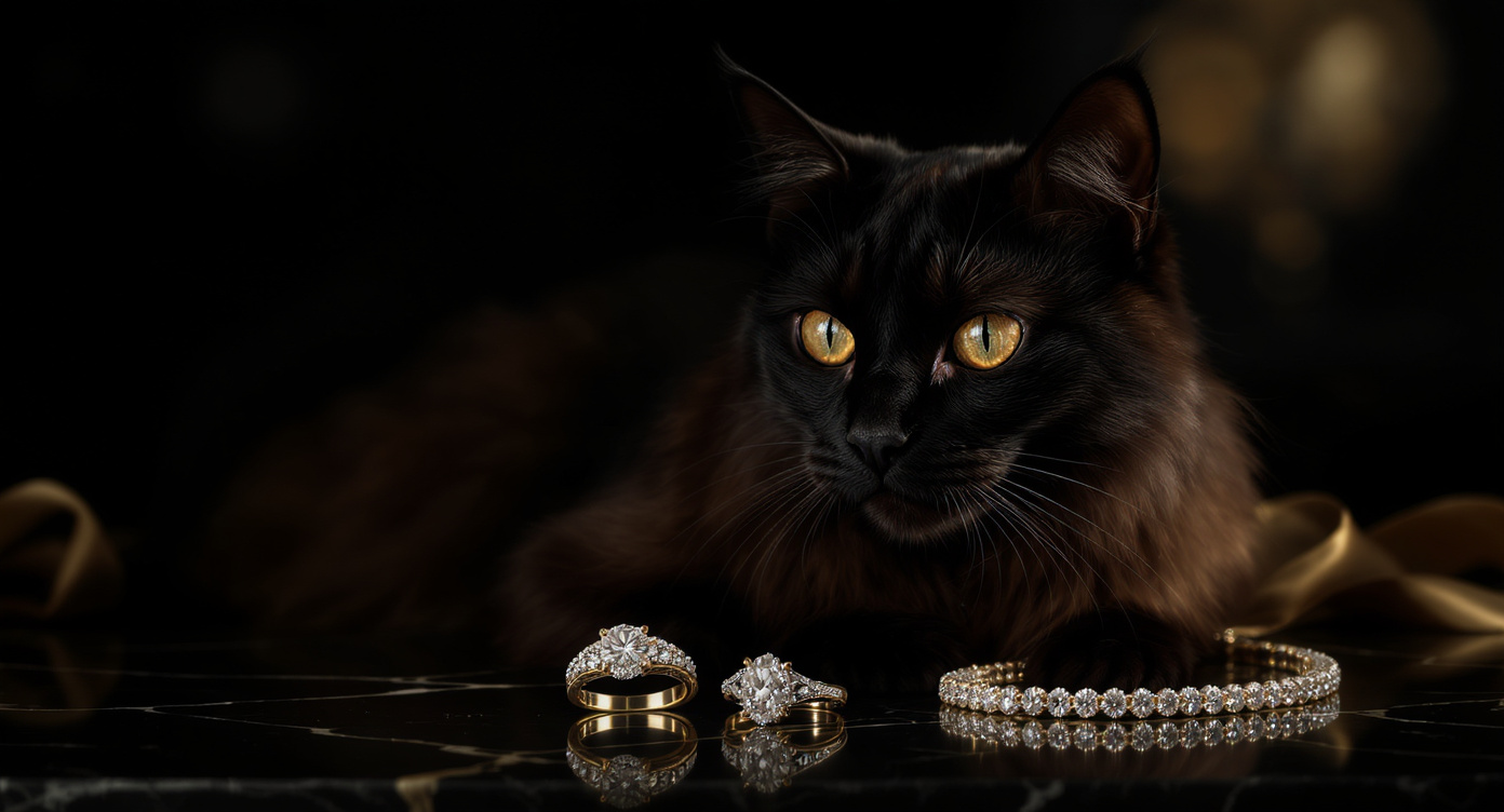Elegant black cat with luxury jewelry