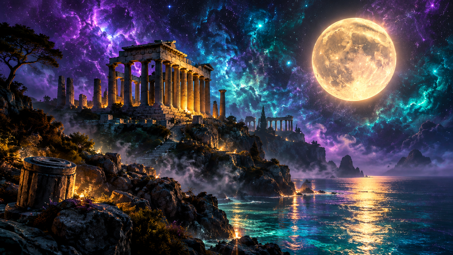 Ruines d'un temple antique sous une pleine lune gigantesque et un ciel de nébuleuse