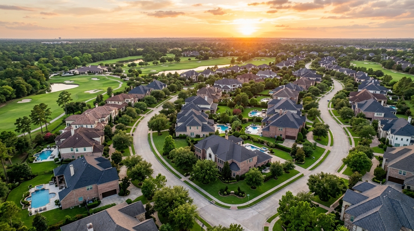 Aerial drone photo of a luxury suburban neighborhood with winding streets and golf course greens at golden hour